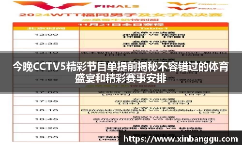 今晚CCTV5精彩节目单提前揭秘不容错过的体育盛宴和精彩赛事安排
